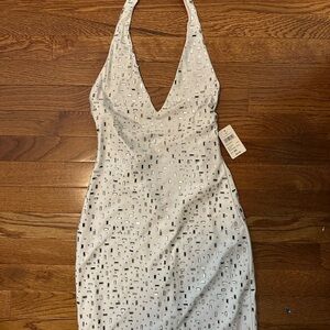 Windsor White Backless Halter Dress with Silver Accents